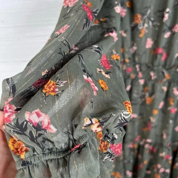 DREW Anthro Green Floral Print Dress Gold Stripes Long Sleeves Smocked Size L - Picture 5 of 16